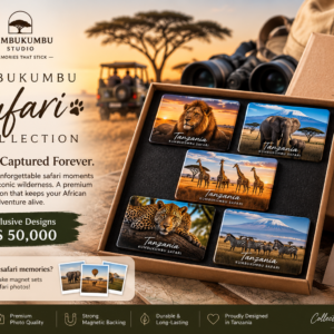 Kumbukumbu Safari Collection 5-piece fridge magnet set featuring Tanzania's wildlife with gift packaging and custom safari photo magnet option.