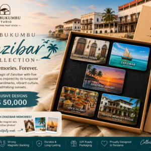 Kumbukumbu Zanzibar Collection premium 5-piece fridge magnet set featuring Stone Town, beaches, dhow sailing, spice markets, and Zanzibar sunsets with gift ready packaging.