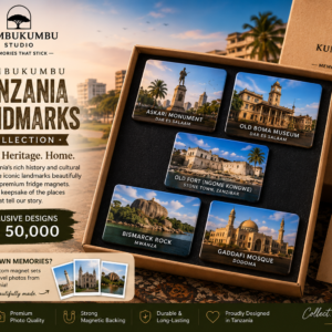 Kumbukumbu Tanzania Landmarks Collection premium 5-piece fridge magnet set featuring Askari Monument, Old Boma, National Museum, St. Joseph's Cathedral, and the Old Fort with gift-ready packaging.